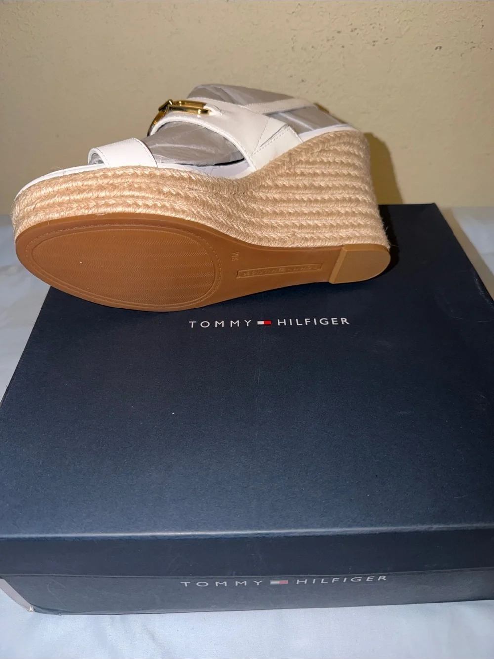 Tommy Hilfiger White Espadrille Platform Sandal with Gold-Tone Logo